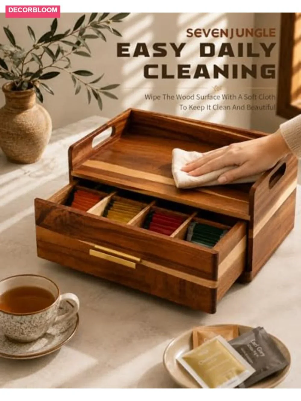 Acacia Wood Tea Bag Organizer with Storage Drawer Tea Caddy